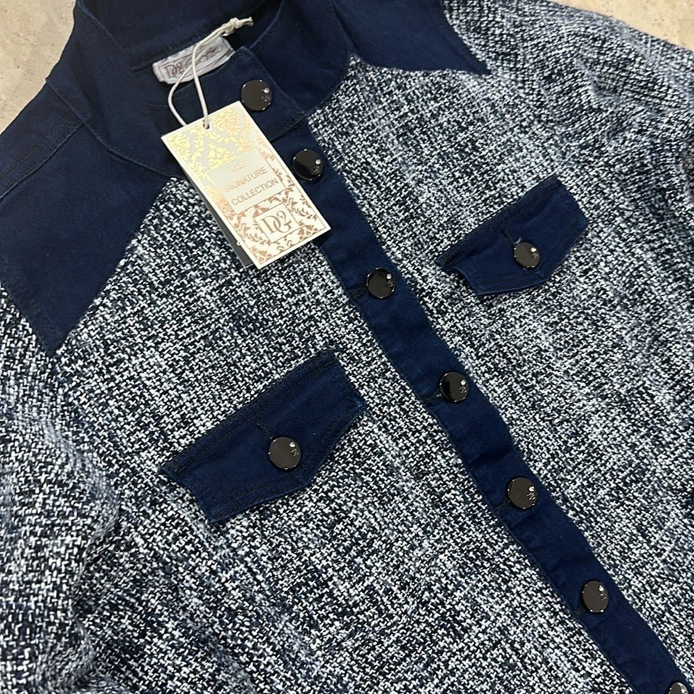 DG2 by Diane Gilman Mixed Media New Classic Stretch & Boucle Jacket- Indigo-L - Picture 2 of 8
